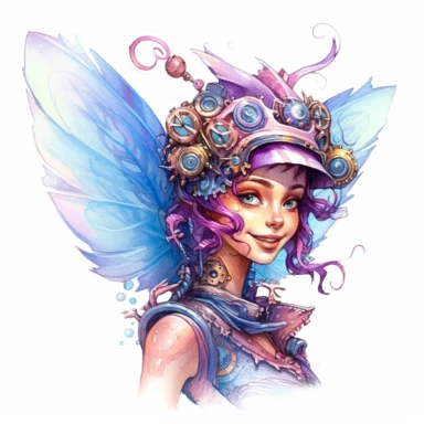 With a mischievous smile, a playful blue, pink, and purple steampunk pixie leans towards the viewer, her vibrant wings fluttering with excitement. White background, intricate details, retro-futurism, watercolor clipart, hyper-realistic.