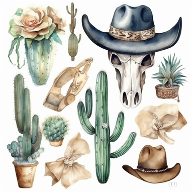Western Watercolor clipart - Bones - Cactus, Cowboy