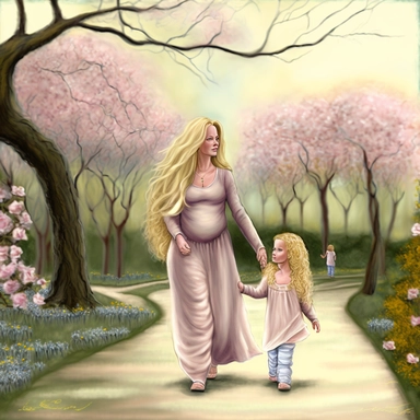 beautiful young pregnant mother with long beautiful blonde hair, toddler daughter with long beautiful hair, both facing forward, holding hands walking in park, flowering trees, path lined with benches, highly detailed, detailed face, realistic, fantasy, ethereal, soft colors, sharp focus, clipart style, fix dress