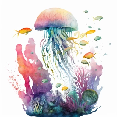 a single jellyfish swimming around in the ocean with other fishes and coral reef in the background, vibrant colors, watercolor style, clipart, white background
