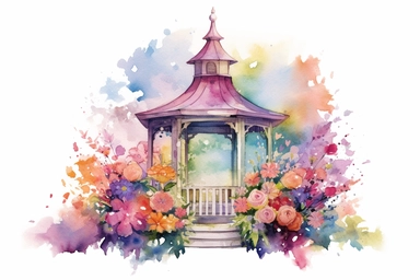 An enchanting watercolor clipart showcasing a whimsical gazebo in a fantasy realm, where ethereal beings gather and colorful flowers bloom, viewed from a fantastical perspective, hd, spaced out, on a white background
