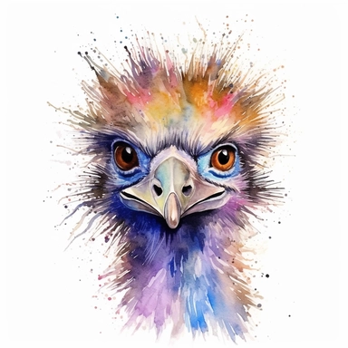 watercolour australian emu clipart, hd, on white background, spaced out, splash art style.