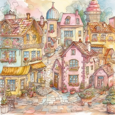 adorable, charming, fabulous fantasy town, with sweets, cookies and peony flowers, street with fairy tale houses, ultra detailed, in light pink and yellow colors, mary whyte watercolor art style, clear line, romantism, scrapbooking, clipart