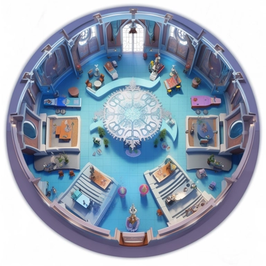 inside the frozen animation castle, disney pixar style, top view, circle format, clipart