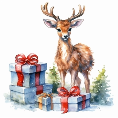 one christma deer and gift box watercolor clipart on a white background, in the style of detailed nature depictions, whimsical drawings , no watermark, text, 300 DPI , typography, shapes do not stick together, no text in the picture, on a white background