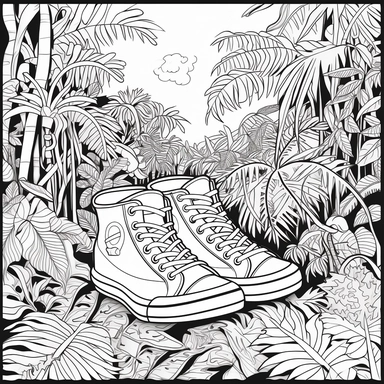 Coloring Page of Sneaker Safari Expedition: Design sneakers exploring the depths of a lush jungle, encountering rare animals and discovering hidden ancient ruins, Doodle Art, LSD, Simple Design, Clipart black and white, Flat Vector