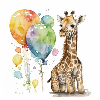 Safari Baby Animal Watercolor Clipart, Cute Baby Jungle Animal, Birthday Baby Giraffe colorful balloons, no image noise, no lettering, hyperdetail, maximum detail