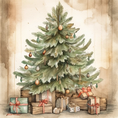 A rustic watercolor clipart of a Christmas tree, featuring a hand-drawn illustration of a vintage tree with wooden ornaments and burlap ribbons, adding a cozy and nostalgic touch to the holiday season, Artwork, colored pencils,