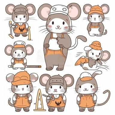clipart cute kawaii mouse, carpenter, sticker design, vector, svg, white background,