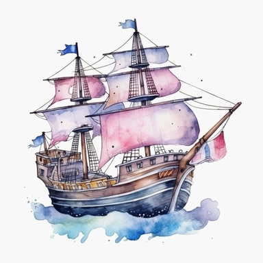 cute watercolor pirate ship clipart, full body, hd, on white background, spaced out