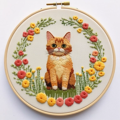 Hand embroidered cat clipart on a flat white background 2, standing on the grass, It is surrounded by small yellow and red flowers In the shape of a circle,