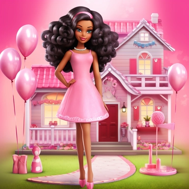 little cute african american girl pink cartoon barbie clipart full body in knee length dress at birthday party with pink barbie house background