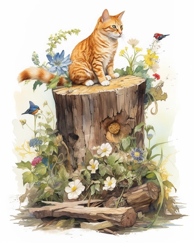 Watercolor Painting of ginger cat sitting on stump surrounded by wild Texas Flowers, on white background good anatomy, DETAILED ILLUSTRATION, Flemish Baroque, Rococo, white background, Intricate Detailed, Soft Light Effect, Oil Paint Strokes, Light Academia Aesthetic Flowers, Lighting cinematic, all shown shimmering stamens, tyndall light, texture, colorful, 8k, fantasy, ray tracing, vivid, spectacular lighting, octane rendering, highly detailed, ultra - realistic, white background, clipart, sur