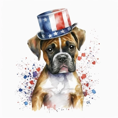 watercolor boxer puppy with american flag top hat, clipart, white background
