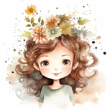 watercolour clipart of a girl, with crazy brown hair, blue-gray eyes, the sweet and scatterbrained dreamer, with a great sense of humor. She immerses herself in the world of digital design, creating exquisite papers for scrapbook albums. Though she may often forget things, her delicate touch and gentle nature shine through her artistry, make her smiling, exalted mood, white background, 8k, f1