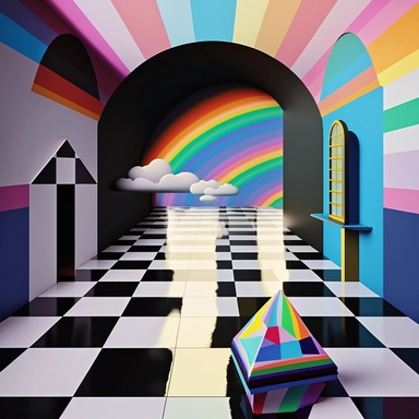 Imagine an eclectic digital art scene inspired by late 90s and early 2000s websites, featuring a black and white checkered floor that seamlessly transitions into a Windows 95-style sky. The composition includes rainbows, a pyramid, a UFO, Hello Kitty, an ancient Greek statue, and columns, all infused with an 80s electronics vibe. Elements of the image are animated with gifs, clipart, and quirky text in Comic Sans
