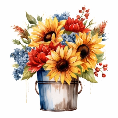 romantic clip art red white and blue sunflower flowers is shown in a watercolor style, gentle strokes, vintage, in a wooden bucket, in a bouquet, yellow and dark yellow petals, isolated on a white background, fairytale-inspired