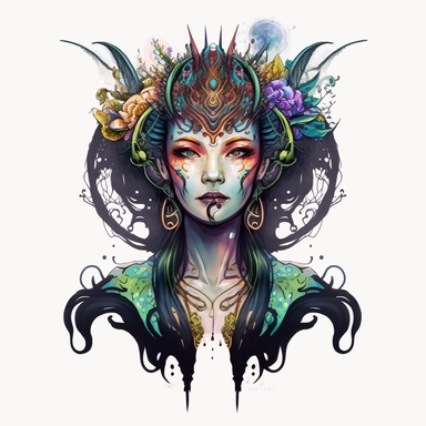 Boho style illustration, clipart, sublimation drawing Alien similar to the goddess Tu Er Shen, Chinese mythology . Bright colorful colors on a white background, high quality 8k, quality detail