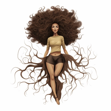 cartoon of a beautiful black woman with big curly hair, growing out of the ground like a tree with roots as her legs, clipart, digital illustration, procreate, v5