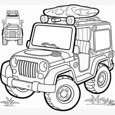 clipart set, safari jeep, in the style of paw patrol, black and white, low detail, thick lines, simple line, playful, coloring page, cartoon, isolated on white background
