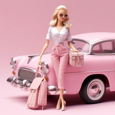 Beautiful barbie stuff, houses,cars. clothes,shoes, paint art style, detail, clipart, white background, superrealistic, one of a kind