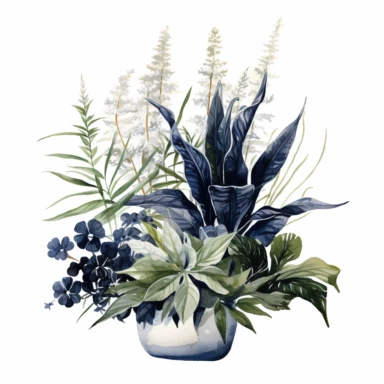 gothic style floral home plants with watercolor effect,suitable for digital clipart,white background,greenery plants,home style plants,vibrant dark scene,black and navy colored