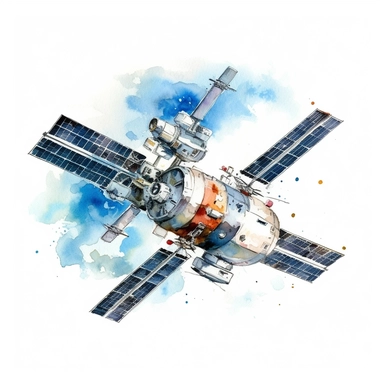 A clipart of the International Space Station orbiting Earth, created in watercolor style, all on a white background.
