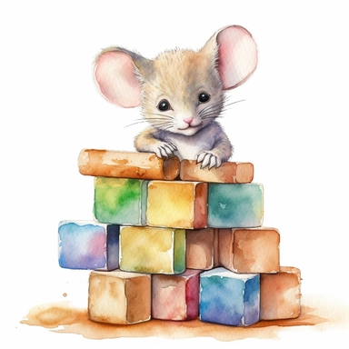 a cute baby mouse playing with building blocks, highly detailed, watercolor, clipart