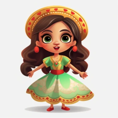 Beautiful mexican style girl, happy dancing, with beautiful eyes and beautiful smile, disney style, full body,on white background, big eyes, clipart, cartoon, inkley studio, smiling, outlines, with a beautiful typical Mexican dress green, white and red colors, typical mexican hat, charming anime characters Thomas Kinkade Nadja Baxter Anne Stokes Nancy Noel