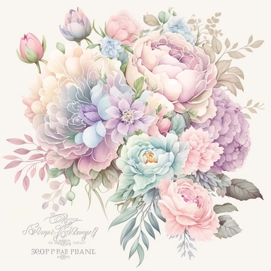 soft colorful pastel colored floral arrangement clipart, soft and subtle, colorful fairy pastel colors watercolor style, fawncore, roses and peonies, patel blue and pink pastel colors, muted pastel colors, plain white background, use of fabric, excellent depth of shading in soft watercolor style, watercolor artwork, plain white background for transparent editing