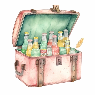 watercolor, hyper realistic, white background, white margins, 16k, ultra detailed clipart, cut out image, hand-drawn, whimsical a retro-style cooler in pastel colors, complete with an ice pack and a selection of beverages. Soft mint green, dusty rose, and pale yellow