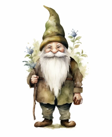 watercolour illustration for clipart, isolated smiling full length woodland gnome, large blue eyes, green and brown clothes, muted earthy tones, botanical, white background, nothing in the background