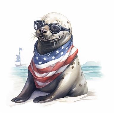 a playful California sea lion with rocky shoreline, wears American flag scarf and sunglasses, Western coastal waters, colorful ink wash paintings, anime-inspired character designs, hyper-realistic animal illustrations, 2d game art, quadratura, clipart, on