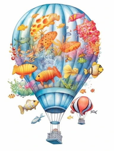 watercolor clipart with white background, hotair balloon with an under the ocean theme design on the hotair balloon, marine life on the desing, incorporate an artistic theme and meticulous attention to stitching and gradients, flat design, clearly defined separated image, high quality