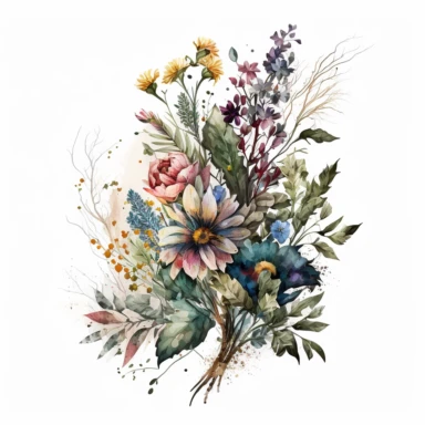 watercolor bouquet of flowers, floral, rustic yet colorful clipart, no leaves sticking out, proportional, white background