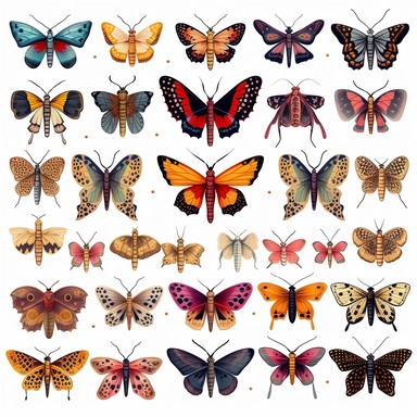 moths Set Closeup Isolated on White Background. Design Template, Clipart of Insects Detailed Insects in Various Shapes, HD