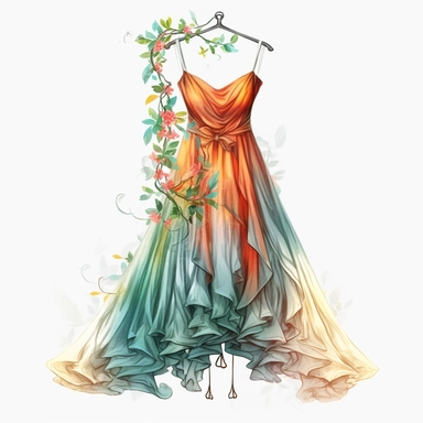 panoramic view, full view, beautiful flowing tropical party dress in vibrant colors on ornate hanger, shabby chic, elegant, ethereal, romantic, fantasy, high detail, shabby chic, sharp focus, 8k, illustration sketch, clipart style, transparent background