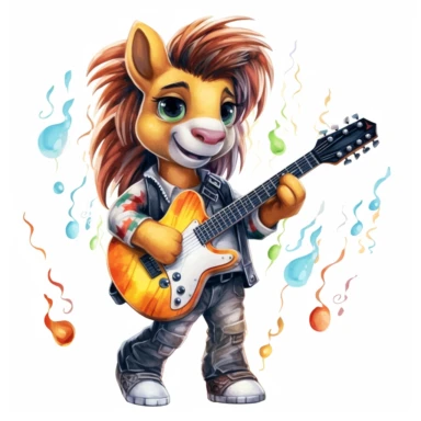 cute Horse character wearing rock music clothes and music element with happy face,front facing on isolated background,with happy face and expression,Animal Sublimation Clipart,no splash watercolor,white background, ultra detailed clipart, cut out image, colorful watercolor realistic, cartoon style, ultra HD, sharp and clean art