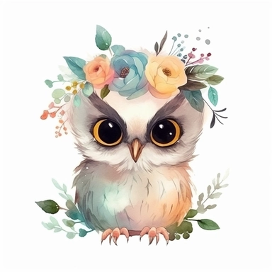 Cute baby owl, cute big eyes, colorful, floral crown, watercolor style, clipart, white background