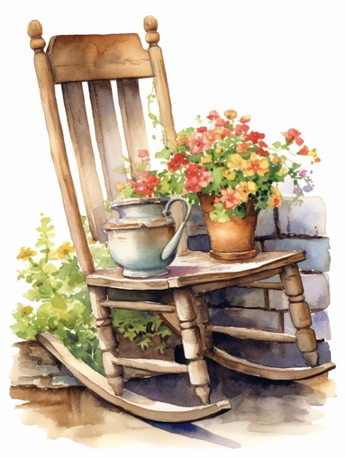 watercolor, vintage, country, beautifully carved, extreme detail, wood rocking chair in the garden with flower pots next to it on the ground, beautifully carved arm rests and on white background, clip art
