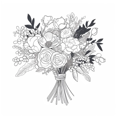 vector illustration, hand drawn, simple floral bouquet, silhouette, outline svg, clipart, basic wedding bouquet, all white background