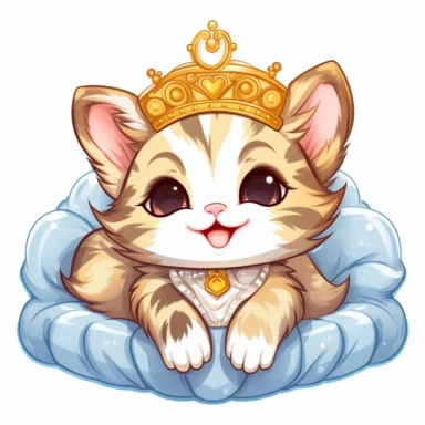 a smiling, content, cute, happy kitten wearing a crown and luxurious mantle, lying on a comfy cushion, the kitten's eyes are big and beautiful, clipart style, kawai, white background,