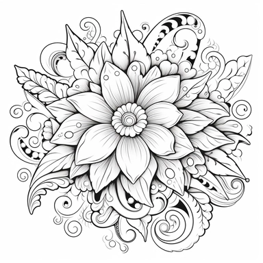 fabulous beautiful flower surrounded by amazing beautiful leaves and fabulous beautiful swirls, Spring flowers, fantasy, art line, clipart, vector, illustration, black white, in the style of a coloring book, clear white background