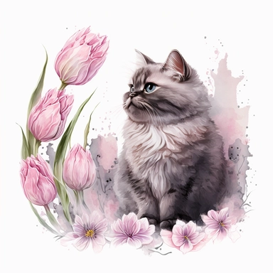 a clipart, a shot from the profile of a soft pink spirit of a cute fluffy cat, surrounded by soft pink tulips, in a gothic fantasy style. soft pink watercolour, in the center of the image, white background , no mockup