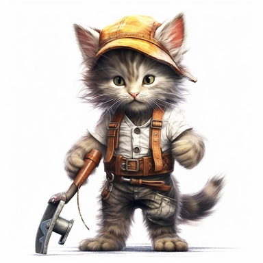 Adorable cute fantasy baby cat dressed like blacksmith standing in dynamic pose,front view,fullbody,sharp through out,happy expression, nursery art, clipart image, lineart image, white background, very detailed, 8k, composition wide shot