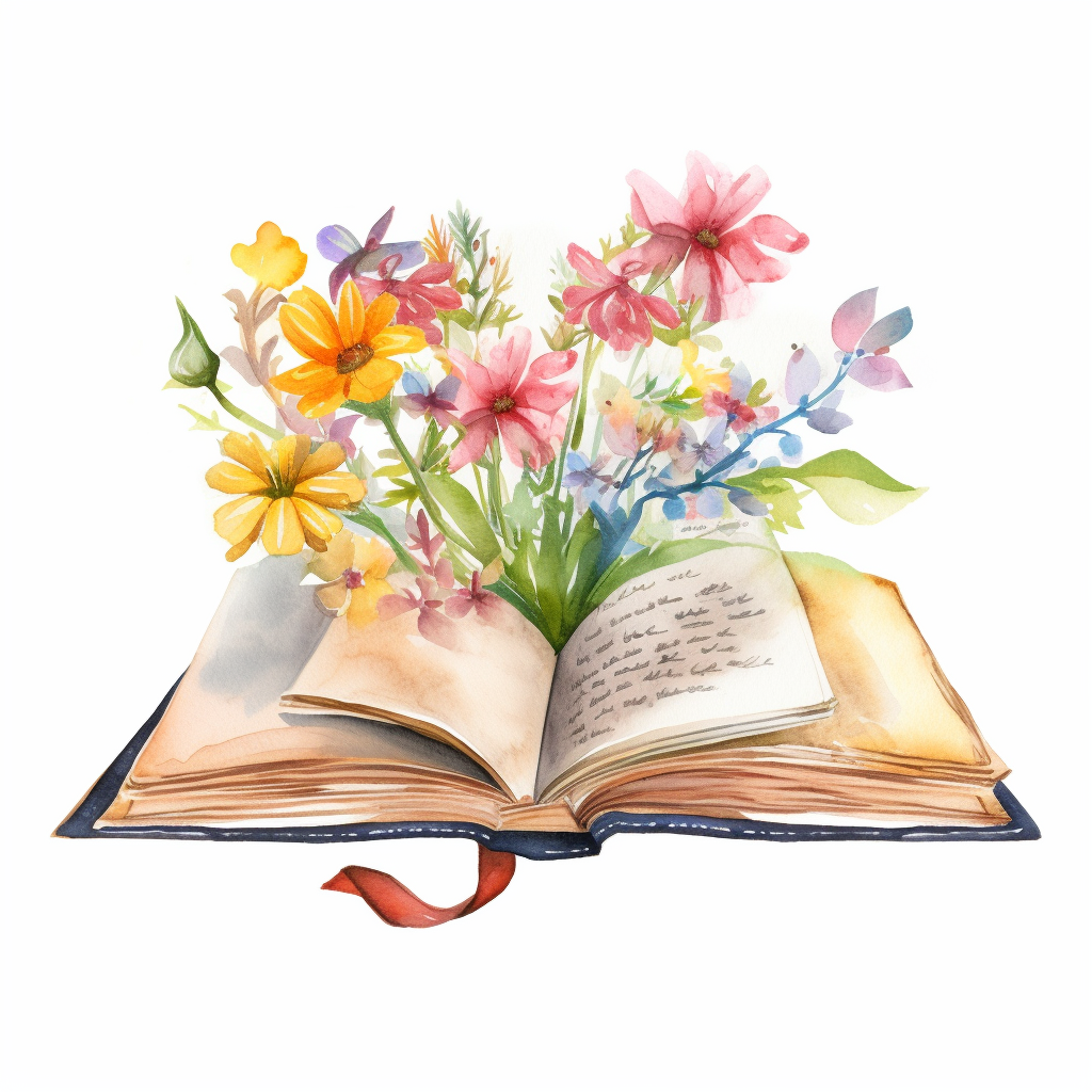 an open book with a boquet of flowers growing from the middle ...