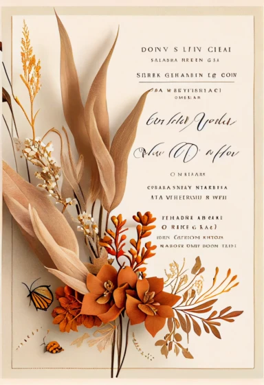 beautiful, intricate, sharp focus, light orange, tan, and brown fall colors, incorporate small thanksgiving pumpkins and corn cob, boho wedding invitation with white fluffy tail flowers,white wintergreen berries, dried grasses, dried leaves, dried flowers, show entire invitation, no border, clipart, on white background, flat lay, extreme detail, wedding invitation,