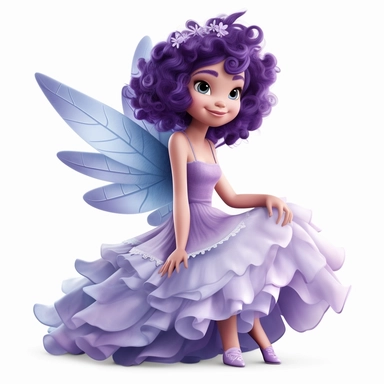 a beautiful smiling fairy sitting on a cloud, purple dress, big wings, full body image, pixar style, clipart, white background