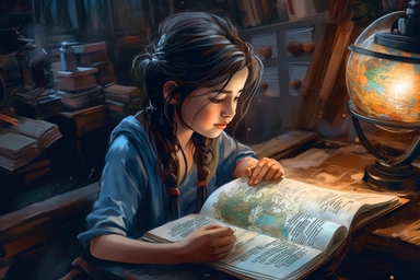 a cute ten-year-old cute girl is reading a book in the genre of combat marine fantasy, a watercolor clipart, Sharp focus + Close-up textures + Hyper-realistic textures, Color contrast, Precise details, Complexity, hdr. 8k