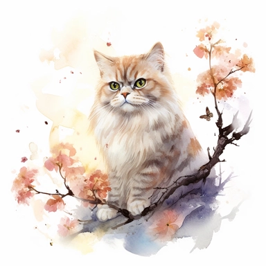 A persian cat sitting proudly on a spring branch, with a few butterflies flying, looking off into the camera, with a few spring leaves framing the scene, watercolor by Liu Yi, clipart, solid background, 8k